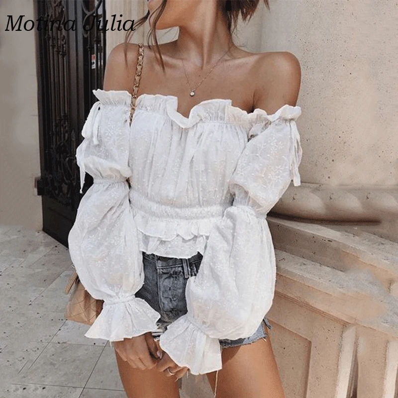 

Motina Julia 2019 summer cotton embroidery blouses shirt women off shoulder ruffle blusas female tops puff sleeve cropped tops