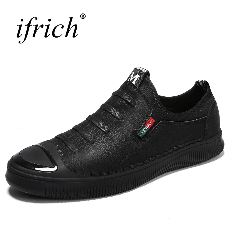 

2018 Leather Casual Shoes Men Sport Slip on Men Shoes Luxury Brand Black Gray Designer Driving Rubber Mens Fashion Sneakers