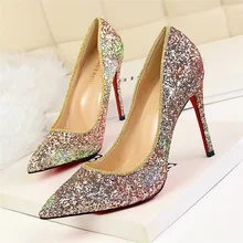 Free shipping spring women’s fashion thin heels shallow mouth high heel shoes pointed toe multicolour paillette single shoes