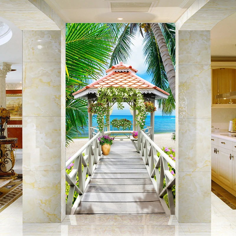 Пользовательские 3D фото обои вид на море деревянный павильон кокосовое Ёлки пляжные 3D Гостиная вход Задний план Настенная Обои