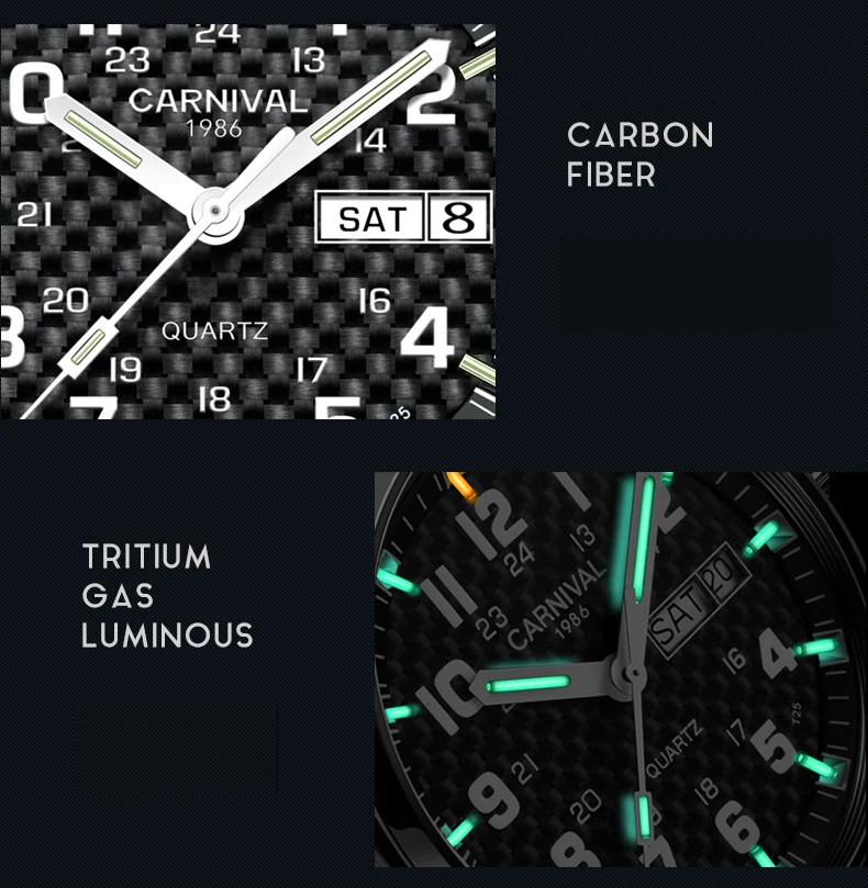 Карнавальный роскошный бренд, кварцевые мужские часы, светильник Тритий, светящиеся часы, мужские часы, мужские водонепроницаемые военные часы, reloj hombre C8638G-15