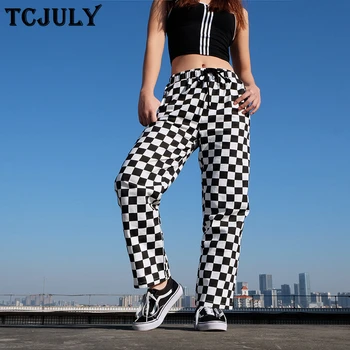 

TCJULY New Design Fashion Straight Checked Pants Women Drawstring Loose Casual Trousers Streetwear Slim Plaid Pants With Pockets