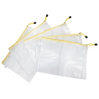 

2 PCS of 4 Pcs Pen File A4 Document Bags Yellow Zip up White Plastic Pockets
