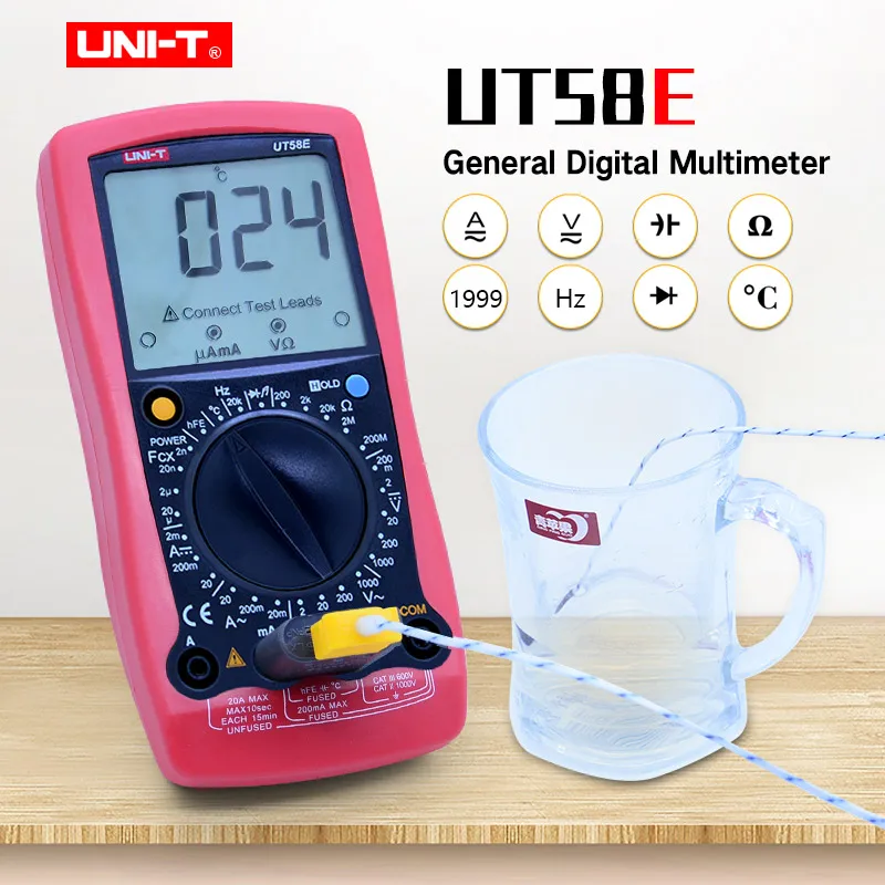 

UNI-T UT58E Digital Multimeter AC DC voltmeter Ammeter ohmmeter Capacitance Frequency Temperature tester LCD Display Data Hold