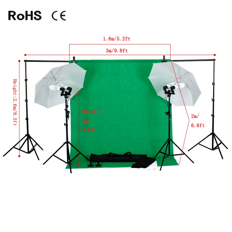 

Photo Studio Backdrop Umbrella Lighting Kit Set +2.6m*3m Background Support Stand+3*non-woven backdrops+4*135w Bulb+2*umbrella