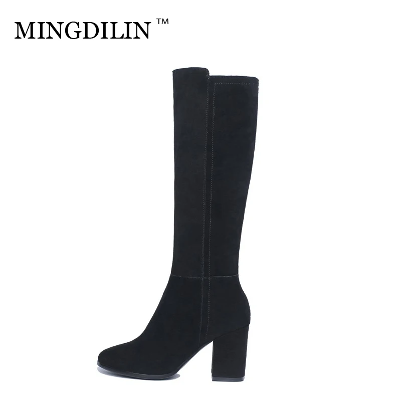 

MINGDILIN Calf Boots Daily Leisure Natural Leather Large Size Sell new Products Round head Coarse heel Chivalry Boots Keep warm
