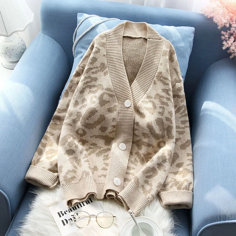 

women sweaters and cardigan 2019 spring new thicken button knitted v-neck leopard lady warm outwear coat tops