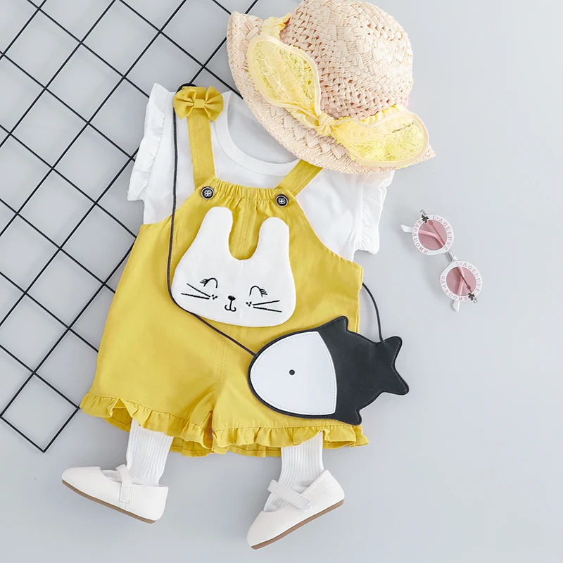 

2019 Summer Baby Girl Clothing Sets Infant Toddler Clothes Suits Shirt Cat Strap Shorts Kids Children Clothes Suits