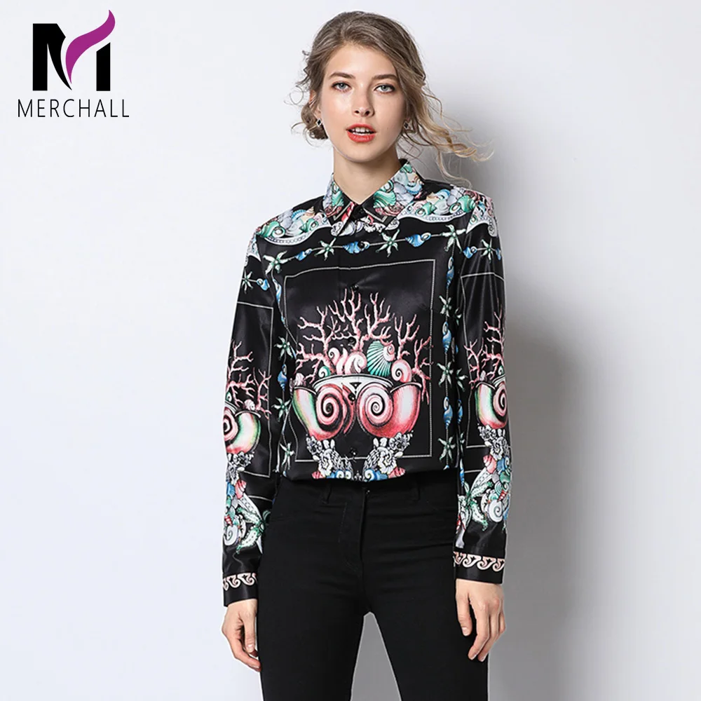 

Merchall Top Brand Fashion Runway Blouses and Shirts 2019 Spring Designer Long Sleeve Vintage Print Womens Tops Office Blouse