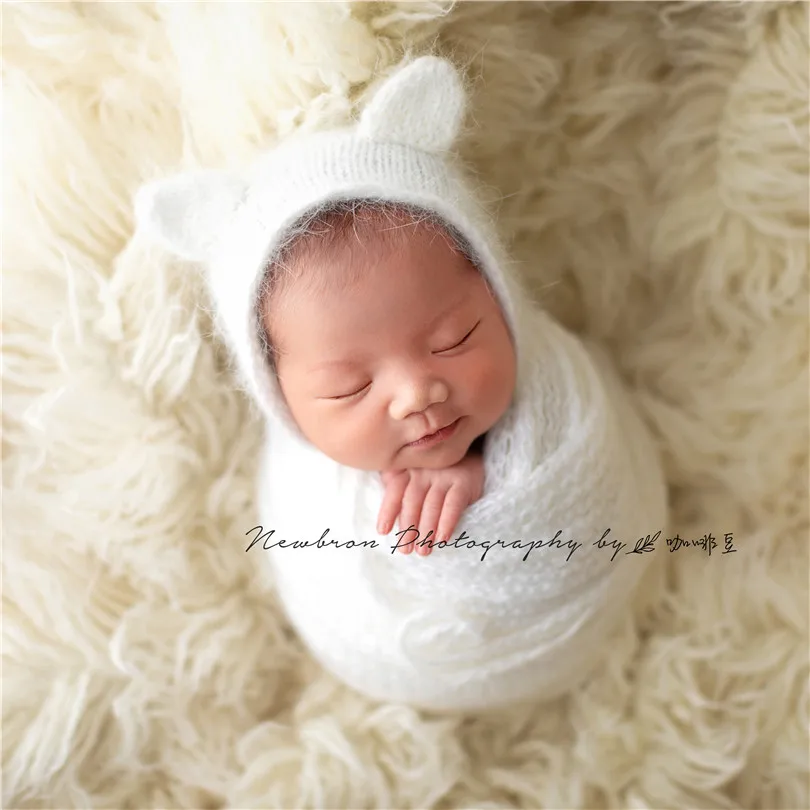 Винтажный комплект из шапки и обертки с мишкой Тедди для новорожденных, милый Ангорский чепчик, пушистый эластичный вязаный детский шарф для пеленания, вязаное одеяло бутафория для фото