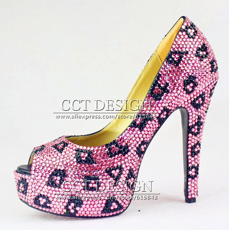 handmade sexy women high heels pink party evening crystals leopard pumps rhinestone wedding bridal evening shoes