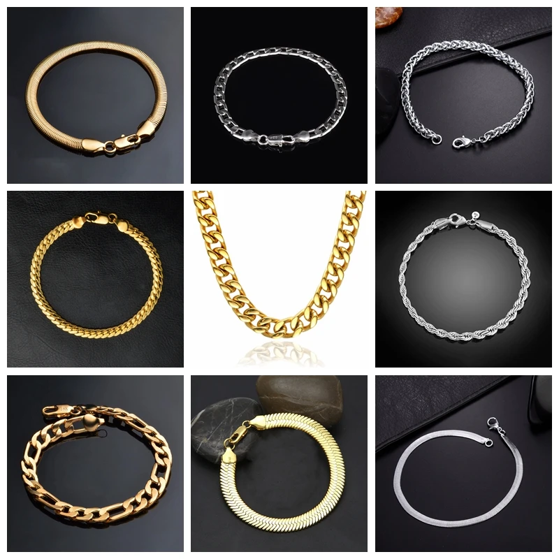 

Silver Gold Bracelet for Men Women Jewelry Curb Cuban Link Chain High Quality Bracelets Hand Chain Wholesale 10 Styles