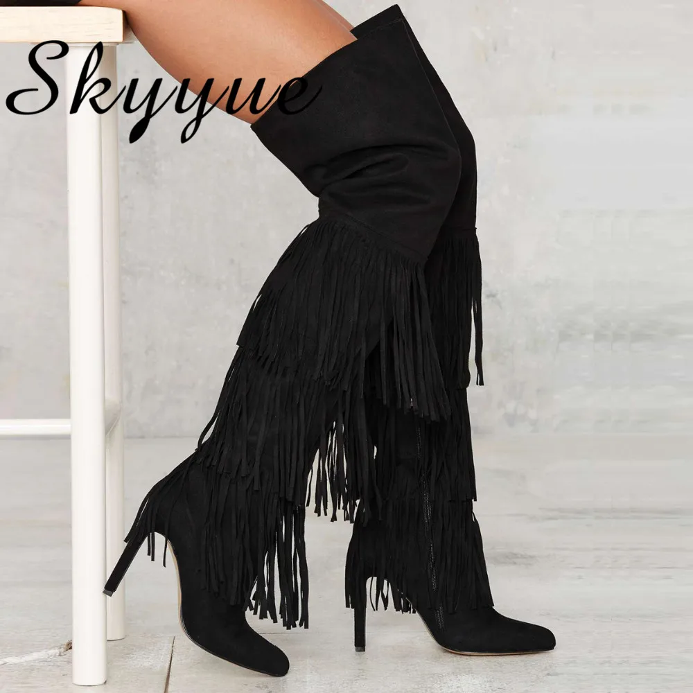 

SKYYUE New Black Rome Gladiator Fringe Over The Knee High Thigh HIgh Boots Sexy Pointed Toe Women Boots Shoes Women