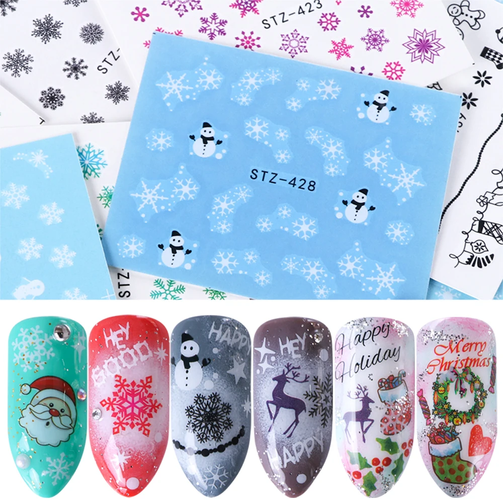 1pcs Christmas Water Stickers Sliders For Nail Art White Black Snow Flower Santa Snowman