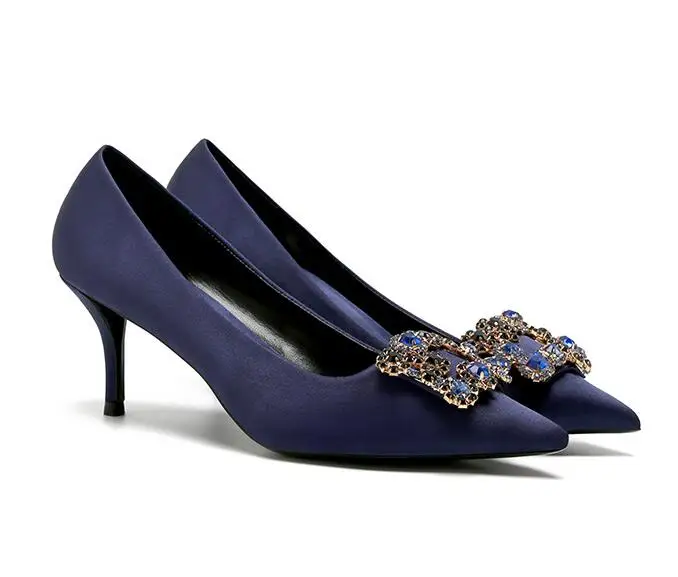 Великолепные женские свадебные туфли-лодочки; Высококлассные шелковые туфли на высоком каблуке с квадратным кристаллом; Элегантные дизайнерские свадебные туфли; 5 цветов; туфли на шпильке - Цвет: Синий