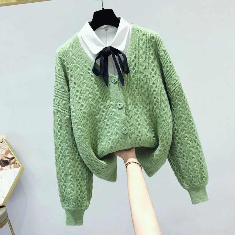

thicken knitted women sweaters and cardigans solid v-neck long-sleeved loose warm lady elegant outwear coat tops