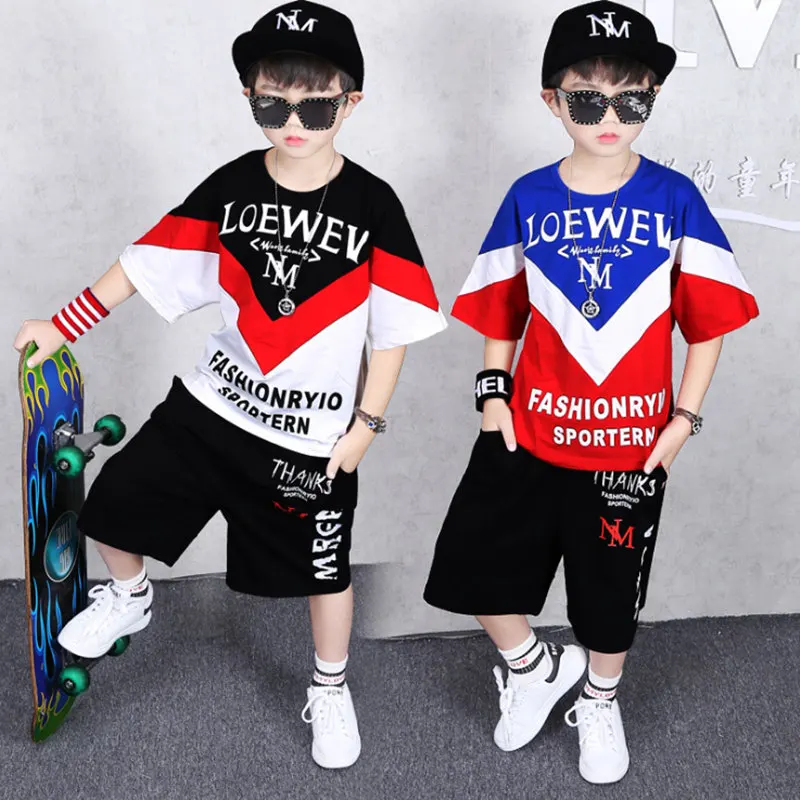 

2019 Boys Summer Clothing Set Fashion Casual Sports Short Sleeve Cotton Children Clothes Sets Stitching Red Blue White 100-170