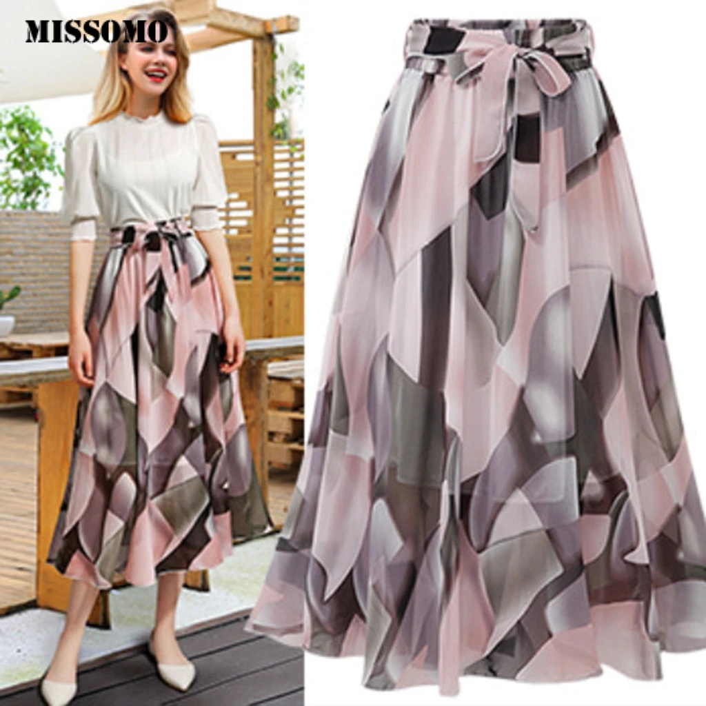 

MISSOMO skirts womens Plain Soft Stretch Flared Printed chiffon Skater pleated skirt Midi Skirt elegant summer skirt jupe longue