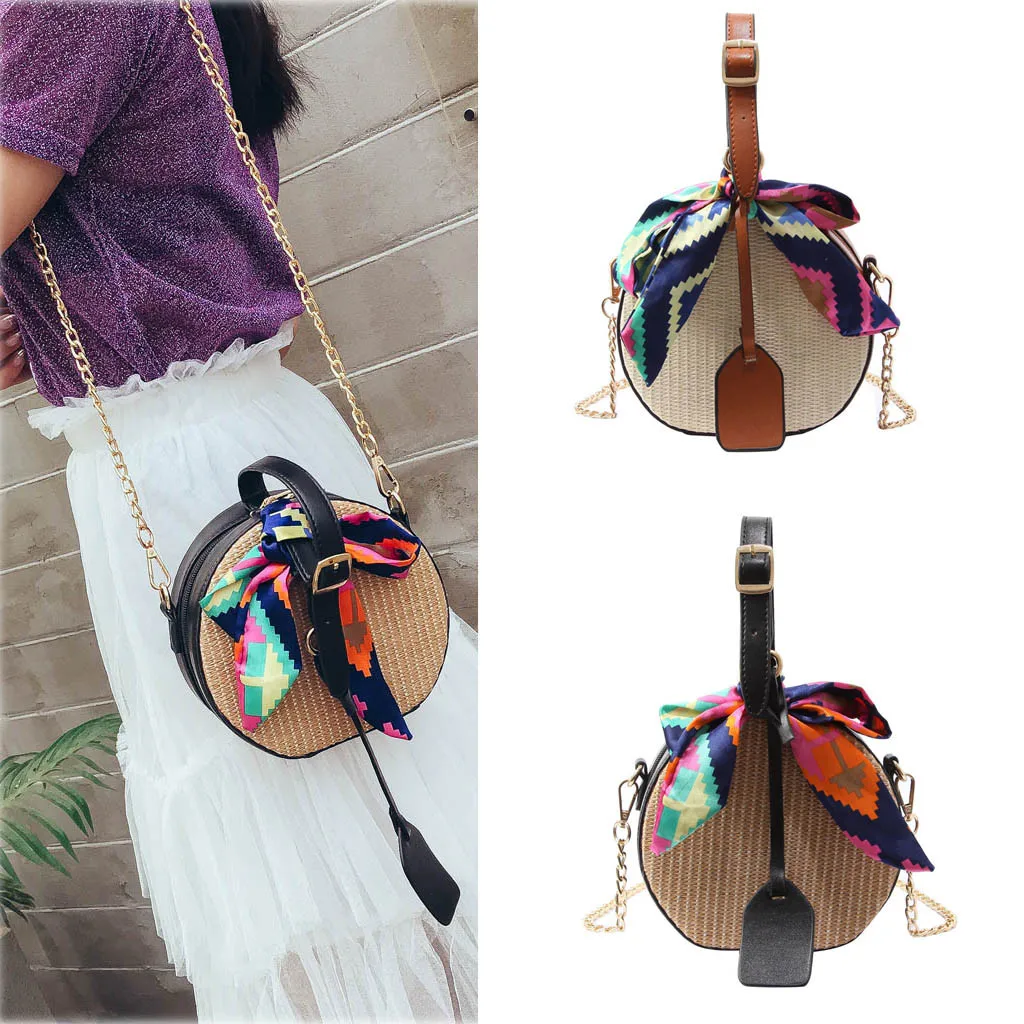 

Bali Round Handmade Bags Women's Fashion Color Ribbon Straw Bag Saddle Shoulder Bags for Women Messenger Handbag#5%