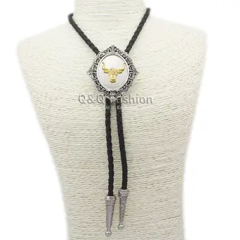 

Men Women Fashion Southwest Indian Texas Silver Gold Bull Buffalo Horn Rodeo Leather Bolo Bola Tie Necklace Necktie