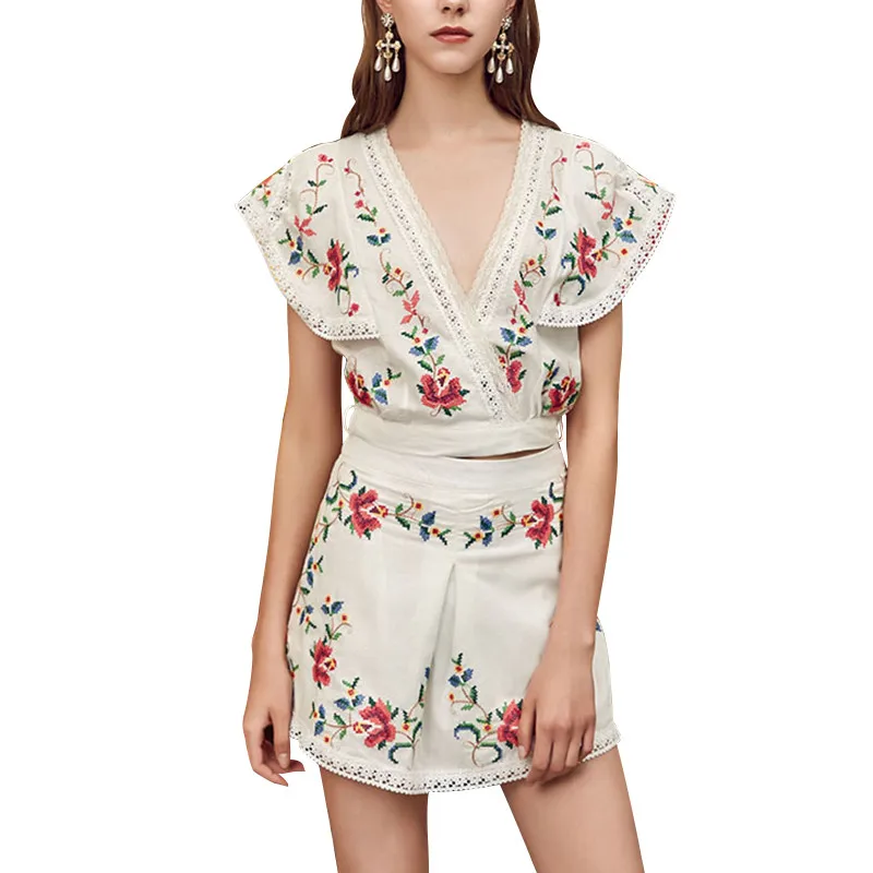 

Patchwork Women Flower Embroidery Lace Ruffles V Neck Short Tops+ High Waist Bandage Female Shorts Pant Two Piece Set