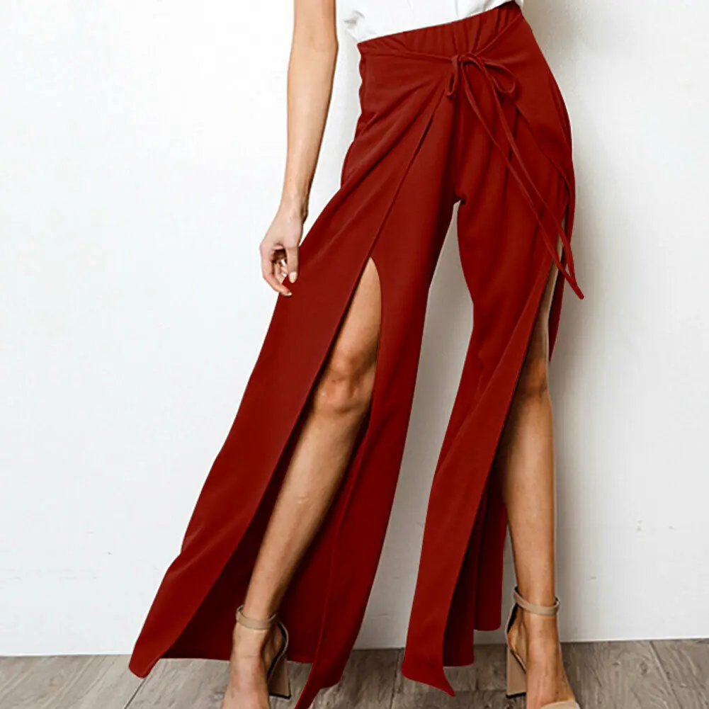 

New Fashion Women Slit Flared Palazzo Trousers Casual Wide Leg High Loose Chiffon Harem Pants Summer Ladies Clothes
