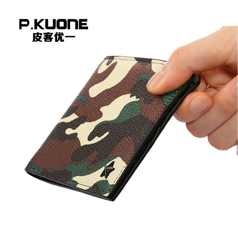 

P.KUONE 2018 Fashion Men Credit Card Design Small Wallet PU Leather Camouflage Purse Holder Famous Luxury Brand Clamp For Money