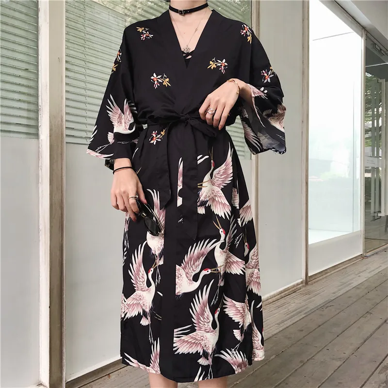 Woherb, Летнее Длинное кимоно для женщин,, японский стиль, блузка с принтом Журавля, птица, Женская винтажная рубашка, кардиган, Blusas Femininas 20862