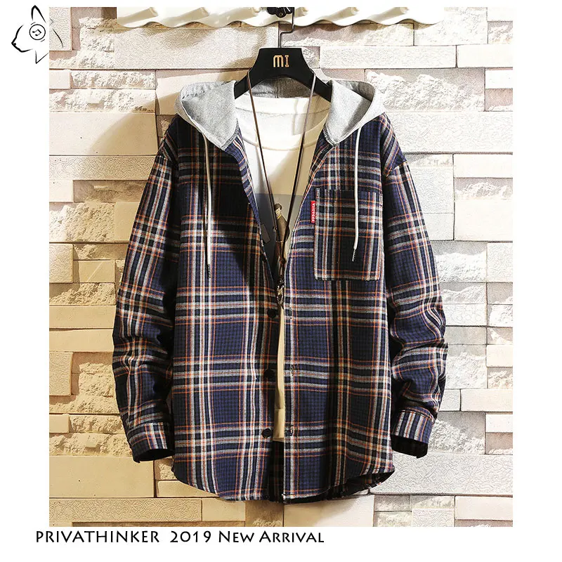 Privathinker осеннее повседневное клетчатое пальто с карманами и капюшоном, хлопковая Мужская Уличная рубашка Harajuku, мужские рубашки с длинным рукавом