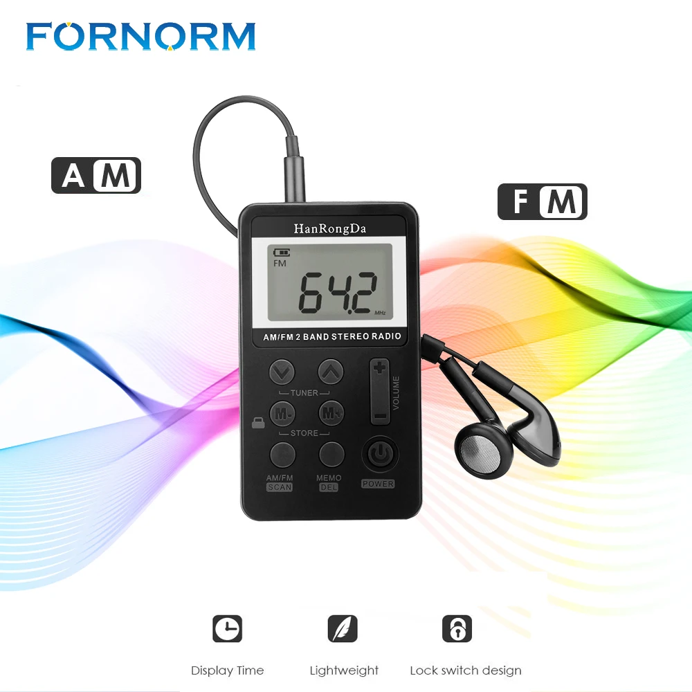 

FORNORM AM FM Stereo Radio Portable Mini Digital Tuning USB FM Radio Digital Frequency With LCD Display Lanyard and Earphone