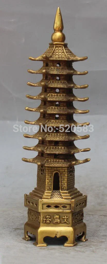 

free 12" Chinese Religion Bronze Dragon Buddhism Buddha Stupa Pagoda Tower Statue fast