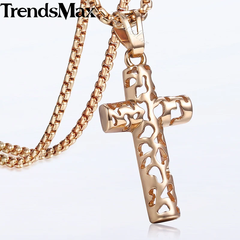 Cut Out Cross Pendant Necklace for Women Girls 585 Rose Gold Cross