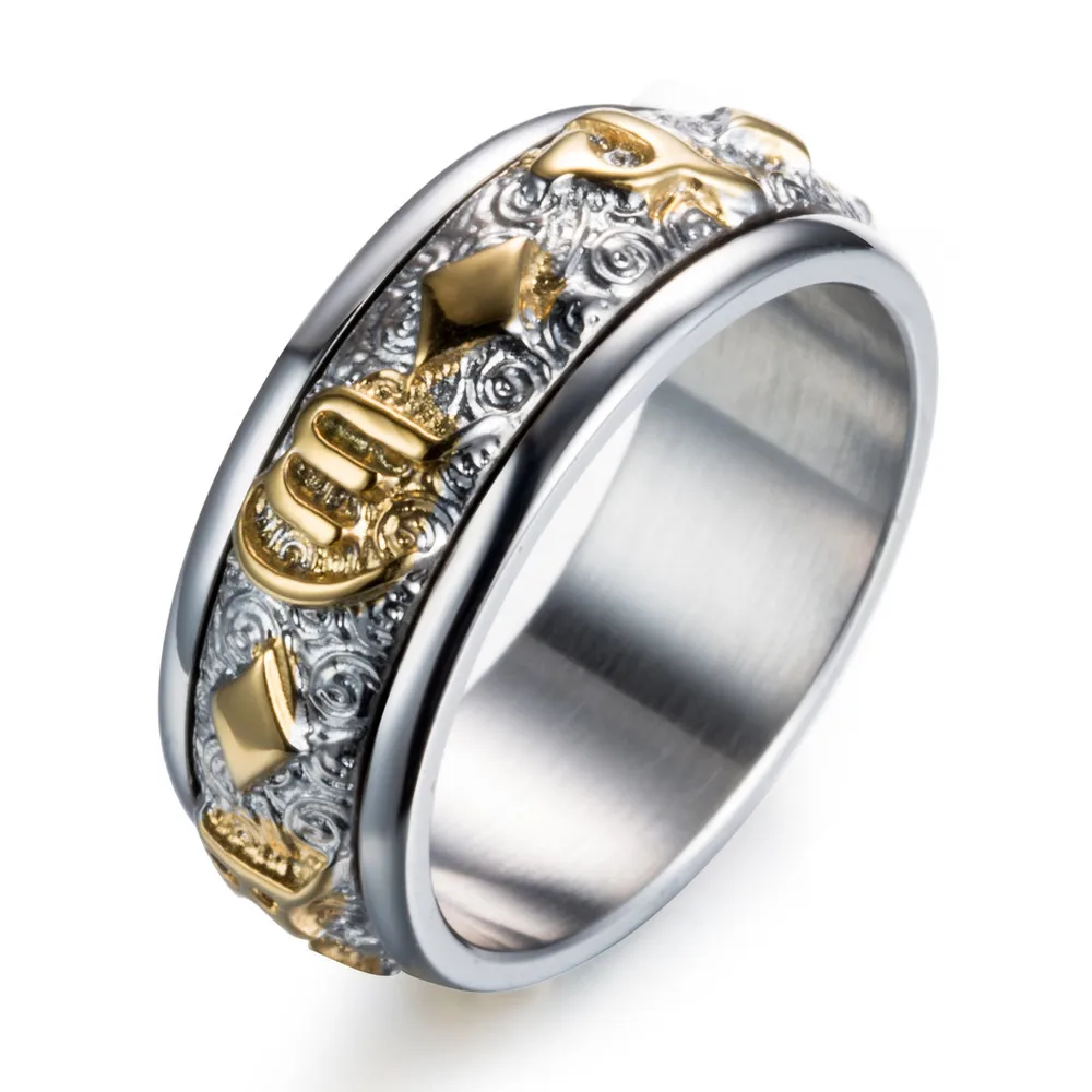 Поворотное кольцо винтажное религиозное классическое шестисловое мантра из нержавеющей стали мужское кольцо - Цвет основного камня: Gold