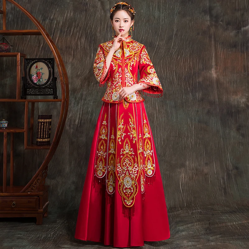 Красный Традиционный китайский стиль невесты Свадебные платья вышивка cheongsam платье халат Вечерние вечернее платье жениться Qipao Vestido S-XXL