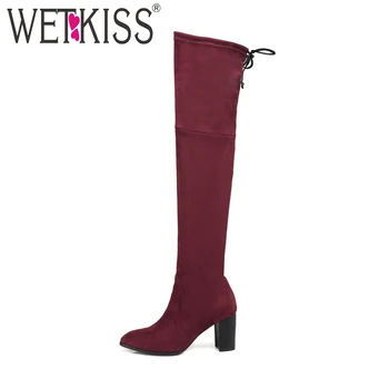 

WETKISS 2018 High Heels Lady Sexy Stretch Boot Elastic Women Thick Heels Femsle Shoes Flock Over Knee Boot Warm Winter Big Size