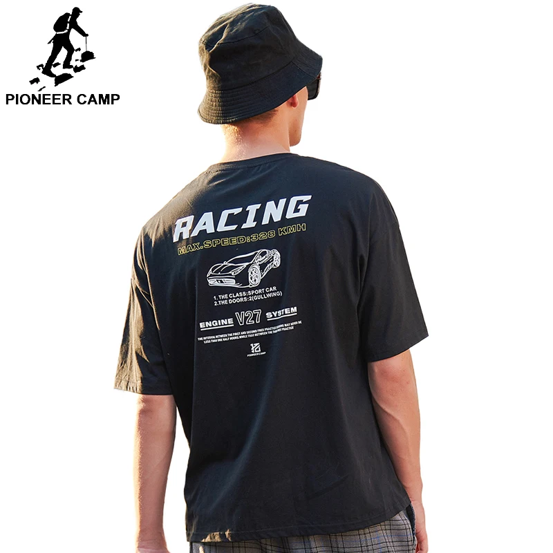 

Pioneer camp Pure 100% Cotton Men Short Sleeve Printed Casual O-neck Loose Summer T shirt Men Tops Tees black ADT901093