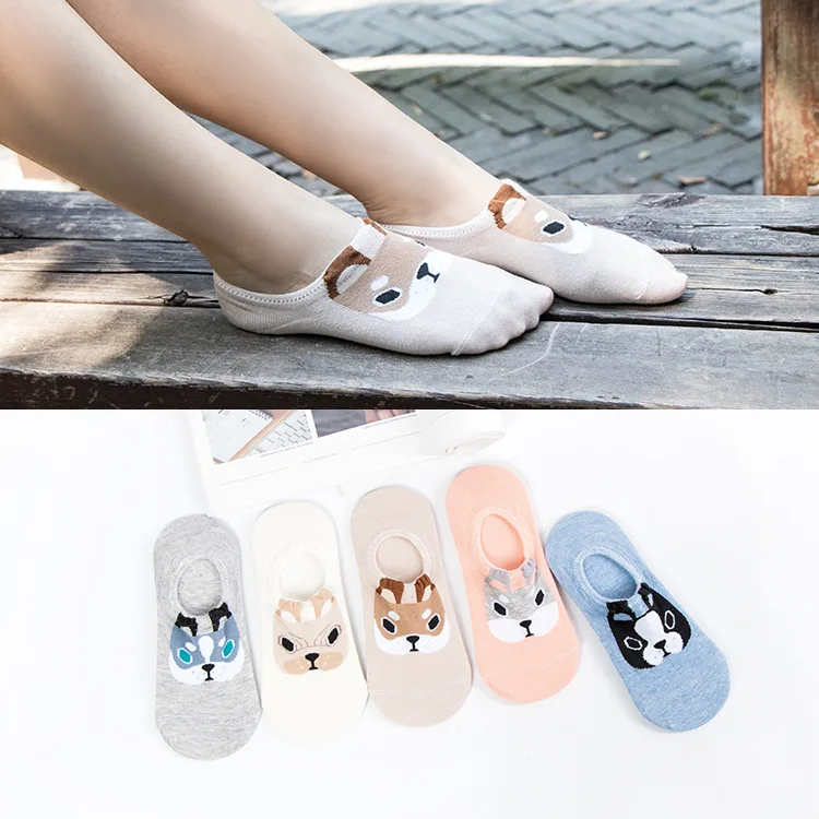 

5 pairs/lot Women Antiskid Sock Slippers Cute Invisible Socks Cotton Summer Non-Slip Boat Socks cute Rabbit Embroidered