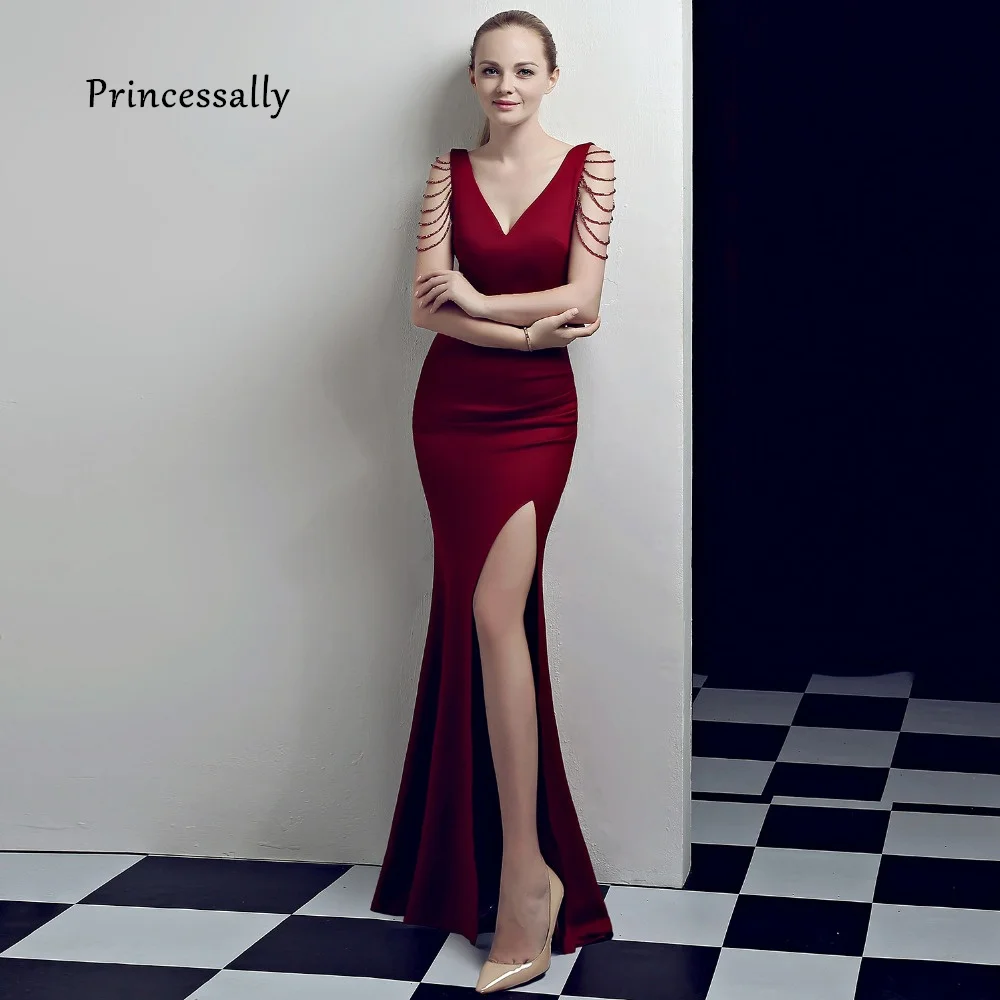 

New Mermaid Evening Dress Satin Sexy V neck With Beadings High Slit Robe De Soiree Rouge Abito Da Sera Women Evening Dress Prom