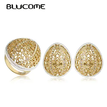 

Blucome Big Oval Shape Large Size Stud Earrings Ring Set Zinc Alloy Jewelry Sets Gold Color Rings For Women Bridal Party Wedding