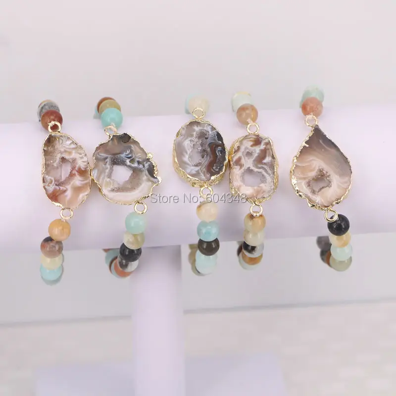 

5 Strand Gold color Slice Connector Bracelet, Natural Amazon Stone Beaded Bracelets