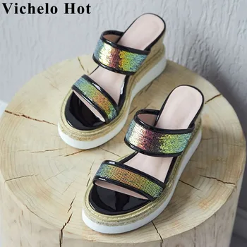

Vichelo Hot colorful bling slip on mules straw decoration women sandals high heels peep round toe platform daily wear shoes L01