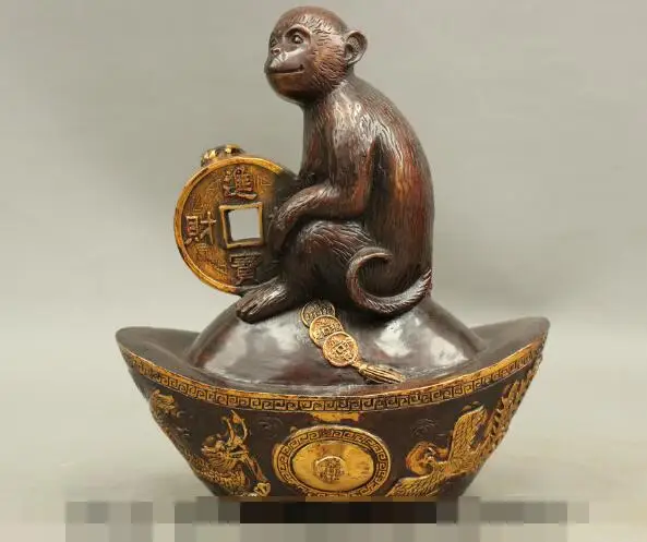 

S01030 10 FengShui Chinese Bronze Gilt Coin Monkey Statue on Dragon Phoenix YuanBao (B0413)