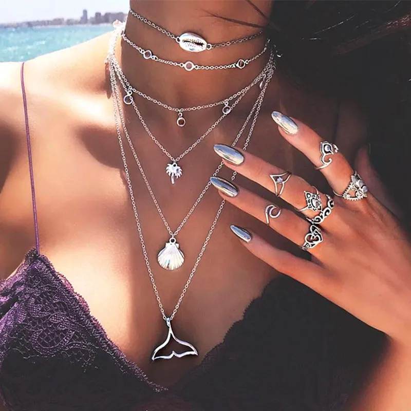 

! Bohemian Fishtail Sea Shell Pendant Necklace Boho Statement Multi Layer Necklace for Woman Bijoux Jewelry Gift