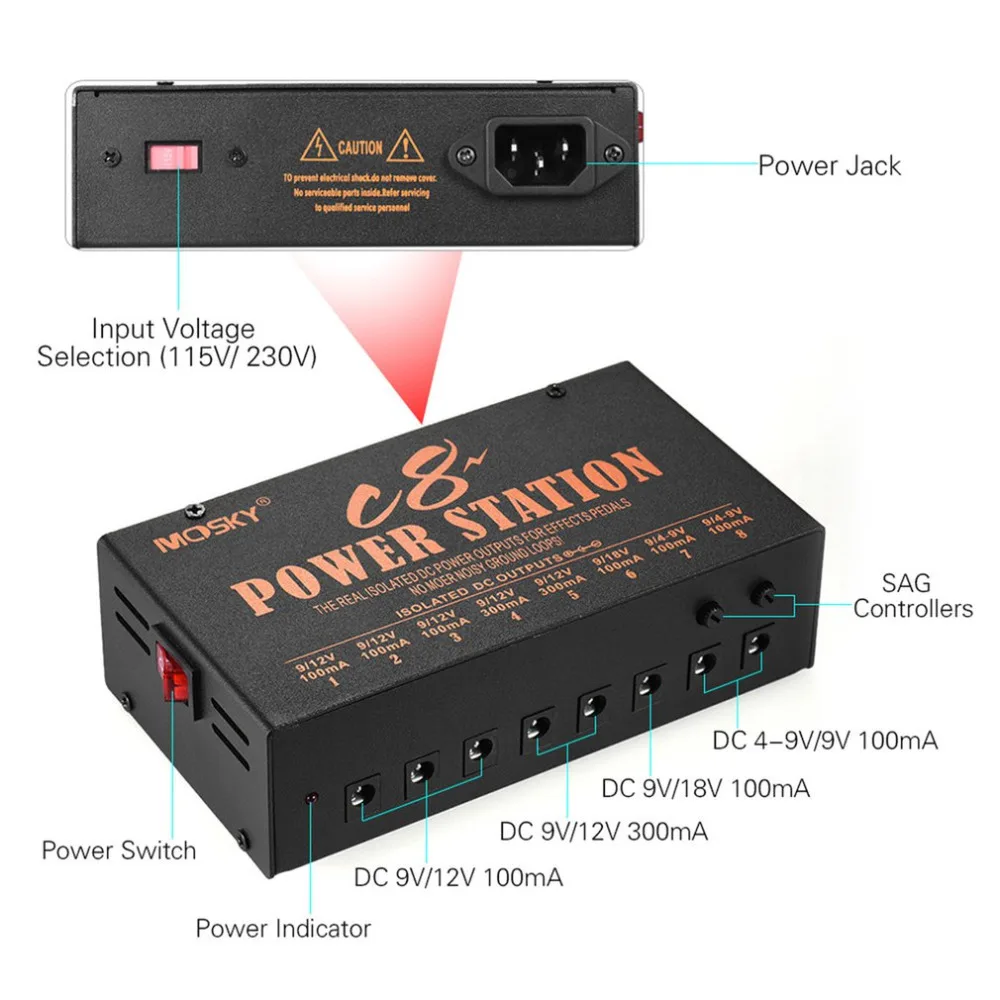 Guitar Pedal Power Supply High Quality Guitar Effect Pedal Power Supply Ten Isolated Output 6/ 8 Way Stabilized Voltage
