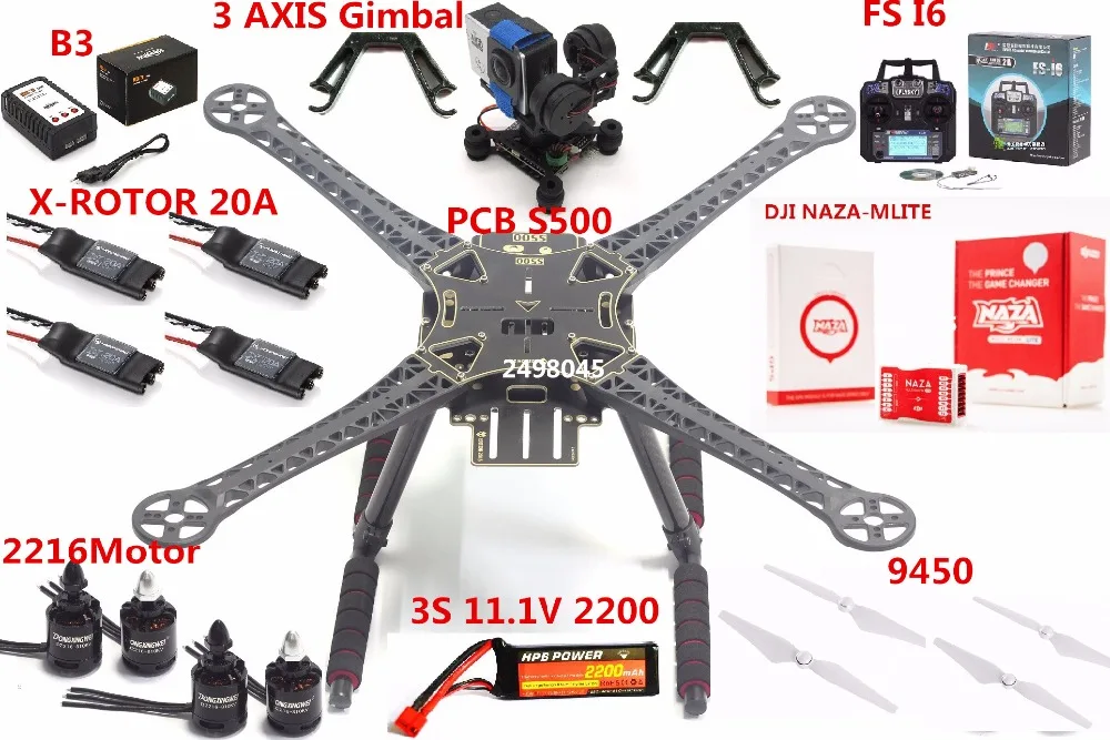 

PCB S500 Quadcopter FrameM LITE NAZA W/ GPS 2216 Motor X-Rotor 20A ESC FS I6 3S 11.1V2200MAH 3 AIXS Gimbal 9450 Propeller Combo