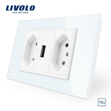 Livolo бразильский/Итальянский стандарт 3 контакта 10А розетка с USB, белая стеклянная панель USB розетка, C9C2UBR1-11