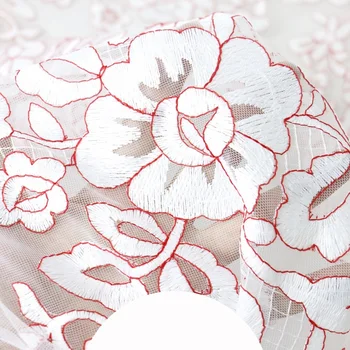 

White with red edge milk silk mesh embroidery fabric