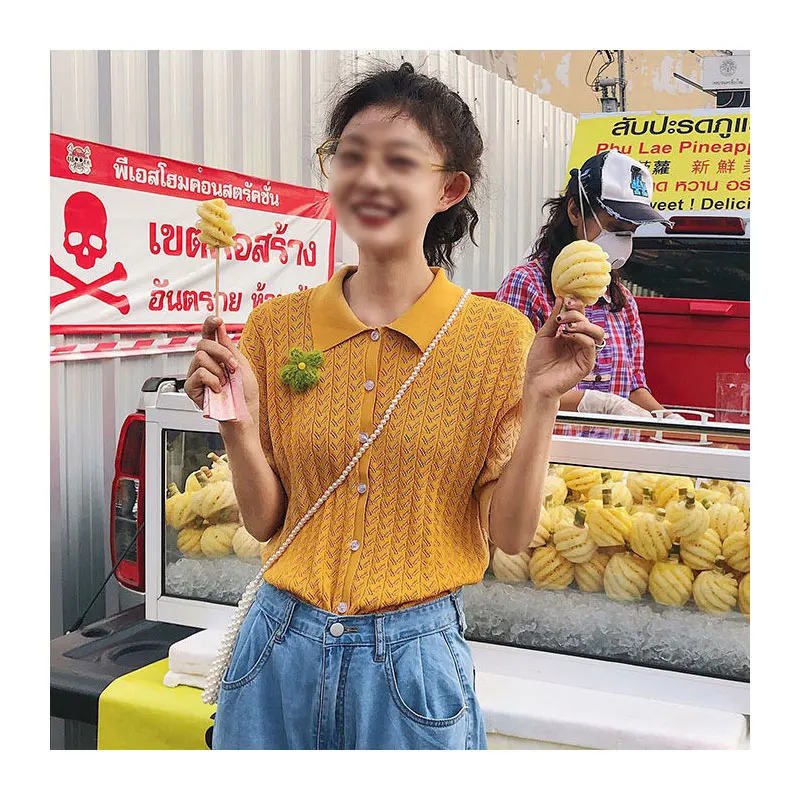 

Ou Liner sweater women loose 2019 summer new thin section net red sleeves ice silk short sleeve polo collar cardigan