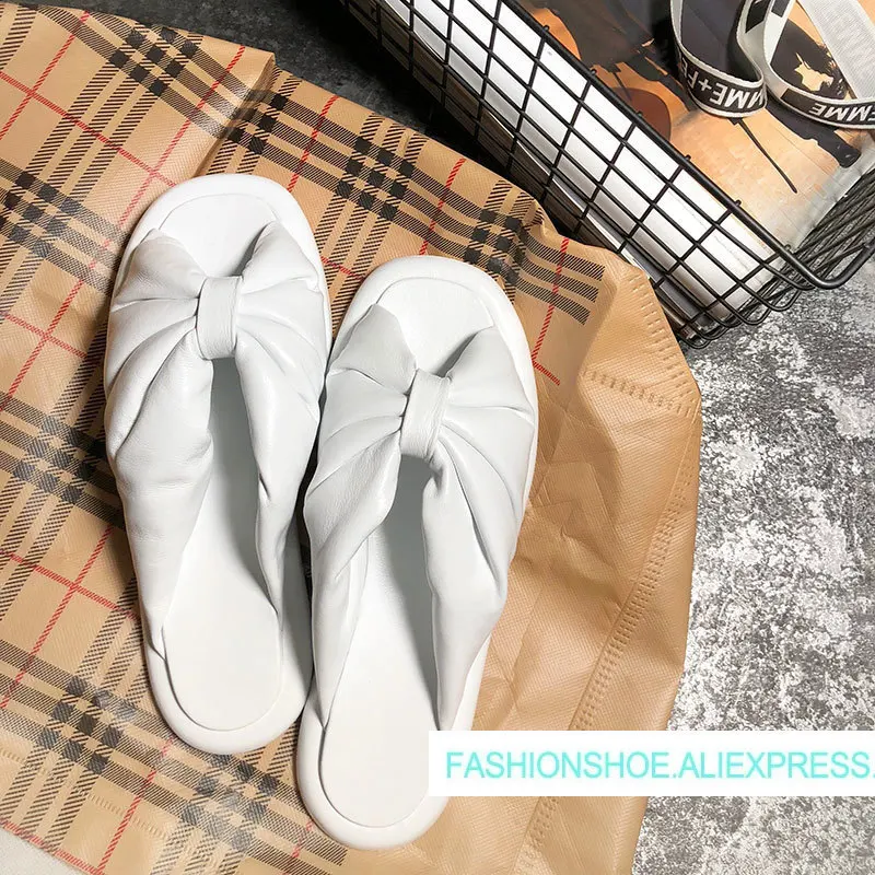 

2018 Hot Spring Summer Shoes Woman Flats Cozy Open Toe Bow Knot Lazy Slippers Designer Sheepskin Slides Woman Outside Slippers