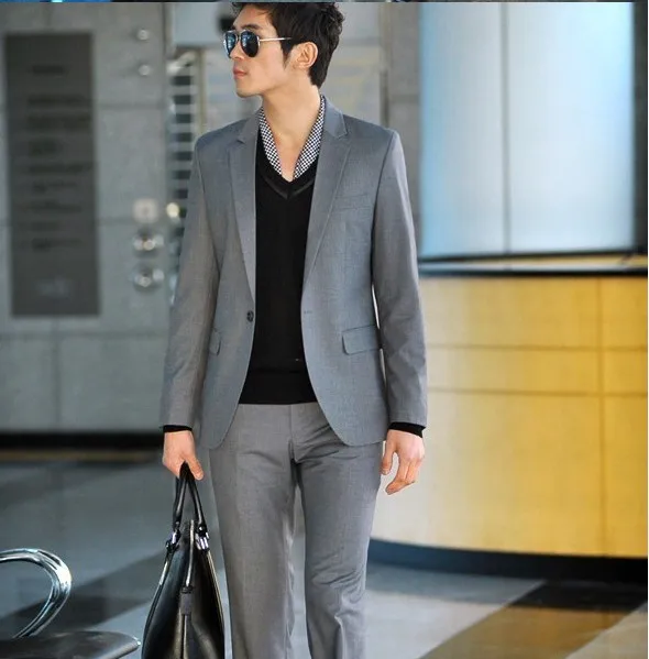 2019 New Arrival 2 Pieces Grey Mens Suits One Button Suit For Men Groom Suits Groomsmen Tuxedos Wedding Suits (Jacket+Pant)